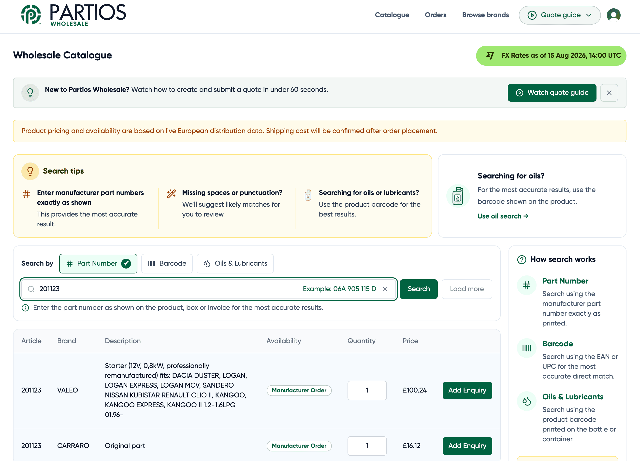 Partios Wholesale catalogue search showing Manufacturer Order availability